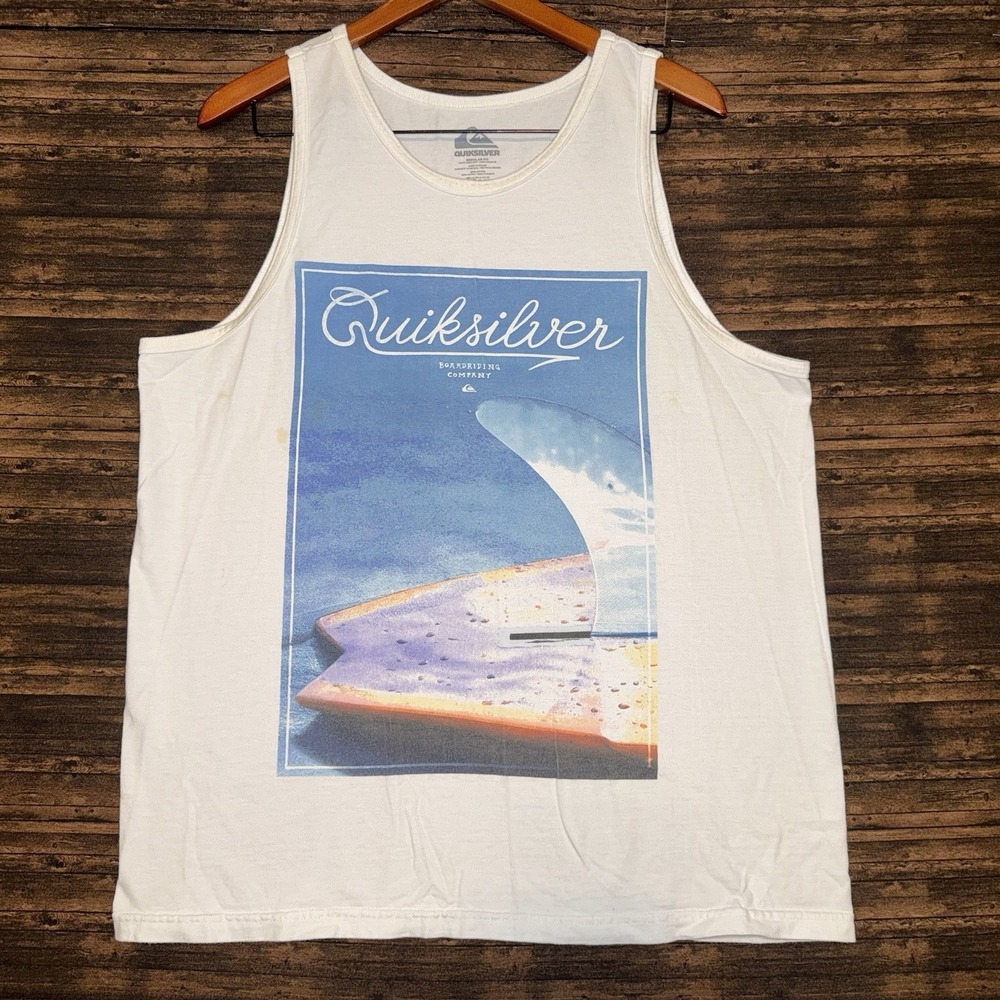 Quiksilver Men's Regular Fit Tank Top White Surfboard Graphic Size L